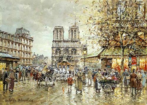 Antoine BLANCHARD - Place Saint Michel et Notre-Dame par jour de Pluie